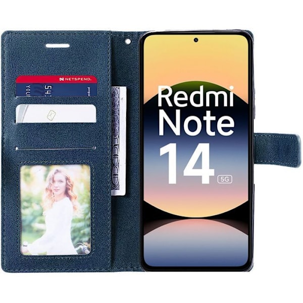 Coque + 2 Härdade Glas för Xiaomi Redmi Note 14 5G (inte för 4G) Anti-Ripskydd Syntetläder Mörknavy marinblå