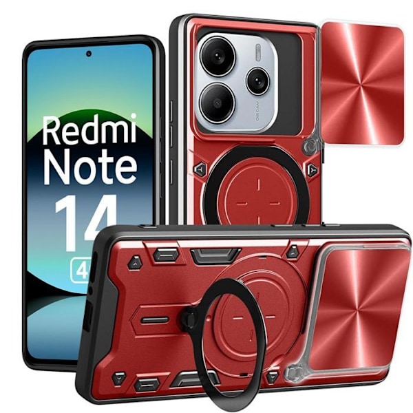 Coque - E.F.CONNECTION - För Xiaomi Redmi Note 14 4G - Stöttålig - Svängbart ring - Skydde för objektiv med glidfunktion Röd