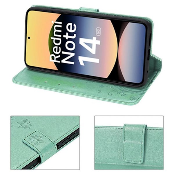 Skal och 2 Fuktiga Glas för Xiaomi Redmi Note 14 5G (inte för 4G) Skydd av Konstläder Med Blommönster Grön Grön