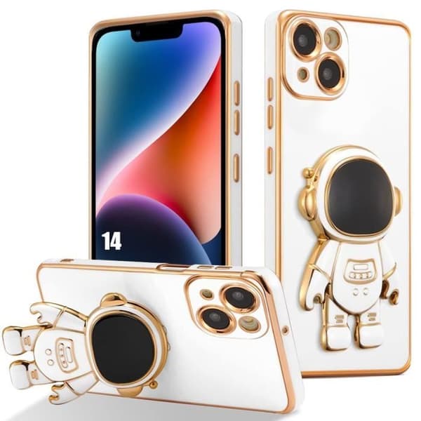 Coque en silicone - Mixte - pour iPhone 14 - Protection antichoc - Support astronaute 3D - Blanc Vit