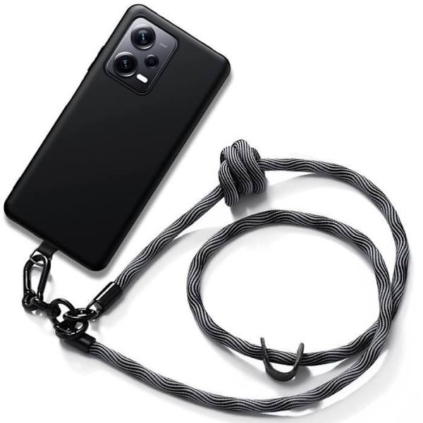 Lanyardfodral för Xiaomi Redmi Note 12 5G, Anti-Scratch Svart mjukt silikon med grå halsband (ej för Redmi 12 5G)