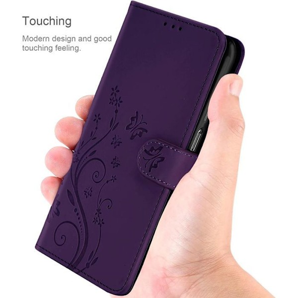 Skyddsfodral och 2 Doppade Glas för Xiaomi Redmi 14C, Stötskydd i Synthesläder, Mörkvioletta Motivet med Fjäril och Växt Mörklila