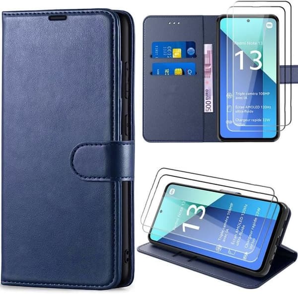 Coque för Xiaomi Redmi Note 13 4G - MÄRKE - Stötabsorberande - PU-läder - Kortficka - Marinblå marinblå