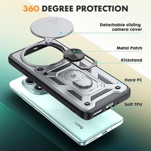 Skyddsskal för Xiaomi Redmi Note 15 Pro 5G - Stötabsorberande med Ring och Kameraskydd - Silver Silver
