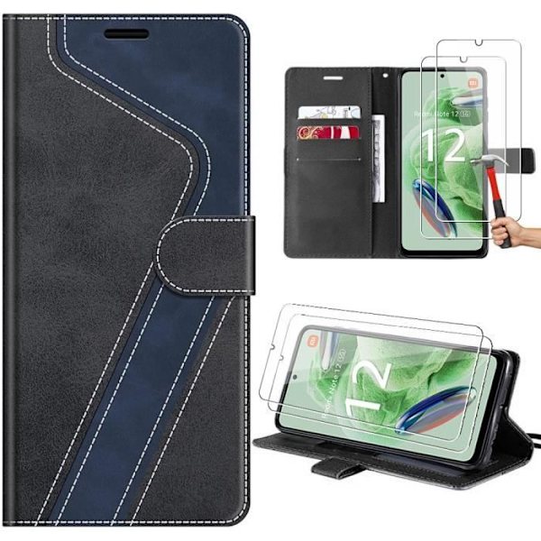 Coque för Xiaomi Redmi Note 12 5G - E.F.Connection - Svart - PU-läder - Härdat glas - Multi-positionstång Svart, Marinblå