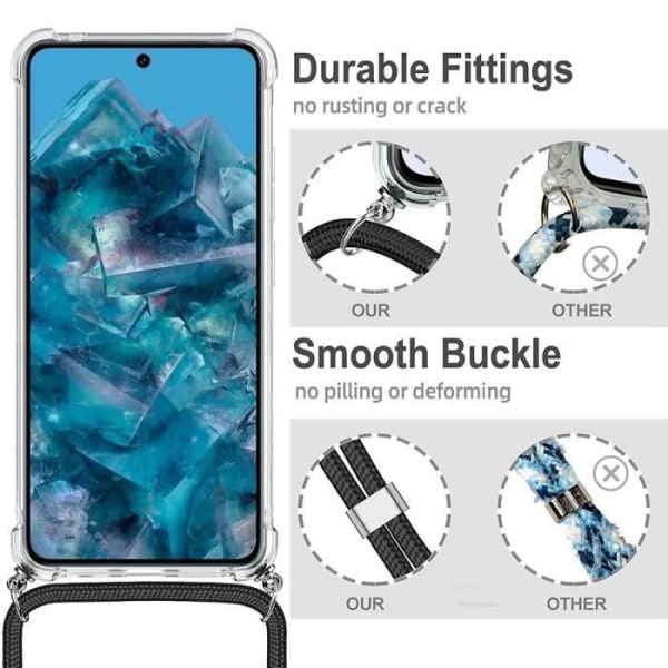 Fodral till Google Pixel 8 Pro - Transparent skydd Förstärkt hörn + svart axelrem