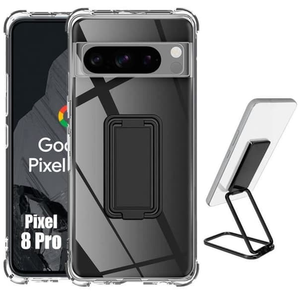 Coque - E.F.CONNECTION - för Google Pixel 8 Pro - Stötabsorberande silikon - Transparent - Justerbart stöd svart Transparent