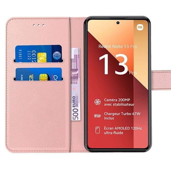 Fodral till Xiaomi Redmi Note 13 Pro 4G (inte för 5G) med 2 härdade glasögon - Rosa PU-läder Flip Cover