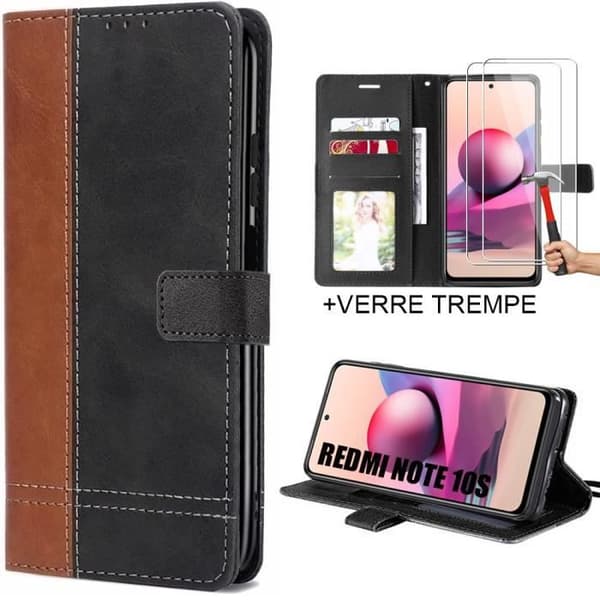 Coque - E.F.CONNECTION - Xiaomi Redmi Note 10S - Bicolore Svart-Brun - Stötresistent - Ställning Brun svart