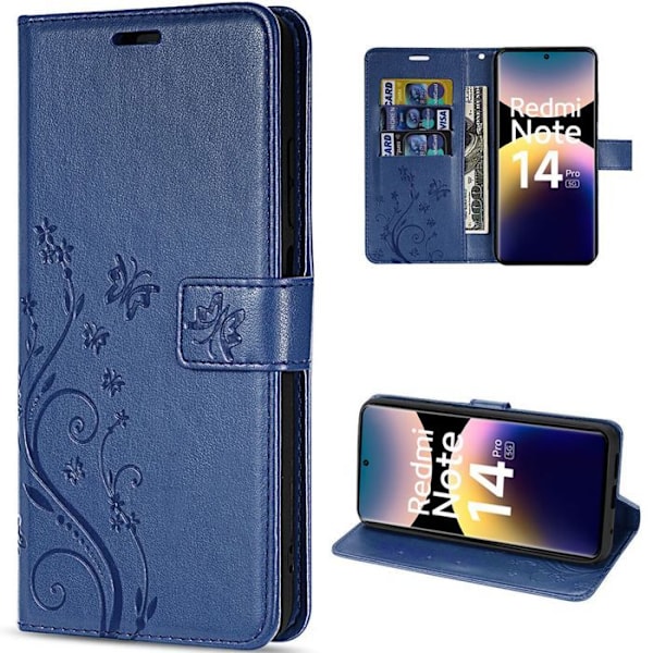 Skyddande fodral för Xiaomi Redmi Note 14 Pro 5G (inte för 4G) Konstläder med blommig relief - Mörkblå marinblå