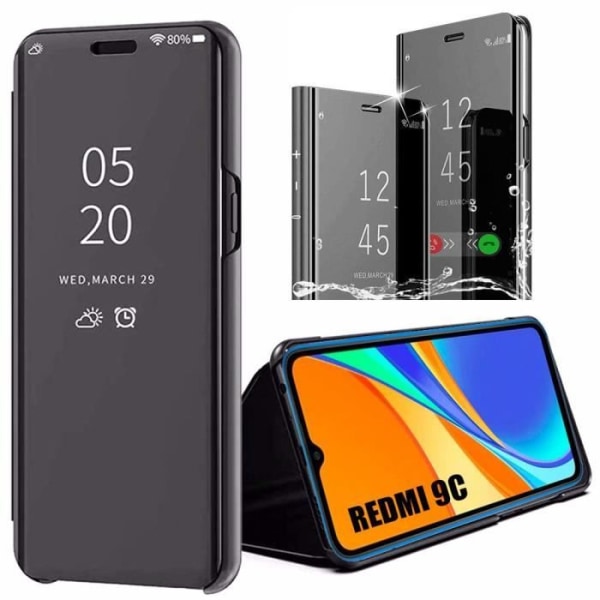 Skyddande skal för Redmi 9C - E.F.CONNECTION - Spegel Fönster Transparent - Svart - Härdat Glas svart