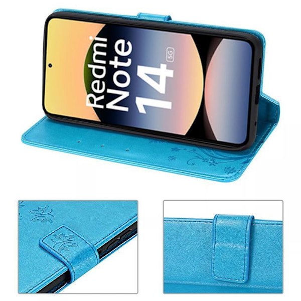 Coque + 2 Tempererede Glas til Xiaomi Redmi Note 14 5G (ikke til 4G) Stødabsorberende Beskyttelse Kunstlæder Sommerfugl Mønster Blå Blå