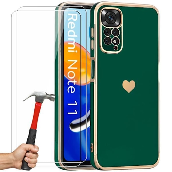 Fodral till Xiaomi Redmi Note 11-11S Night Green Heart Pattern Anti-Scratch Mjuk TPU + 2 härdade glasögon