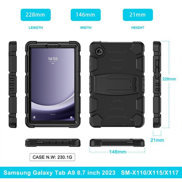 Cover til Samsung Galaxy Tab A9 (8,7 Tommer) Hel beskyttelse mod stød Hybrid med støtte - Sort Svart