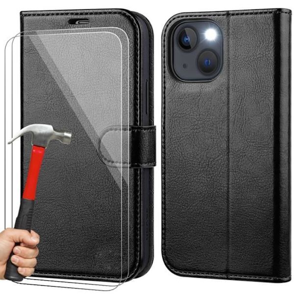 Fodral för iPhone 15 Plus med 2 härdade glasögon - Svart lädereffektskydd Magnetisk stängning