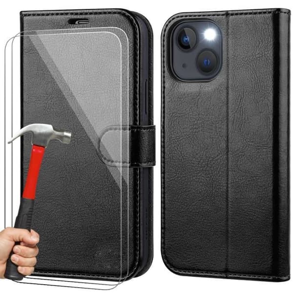 Plånboksfodral för iPhone 15 Plus - Svart läderlook - 2 härdade glas ingår - Magnetstängning Svart