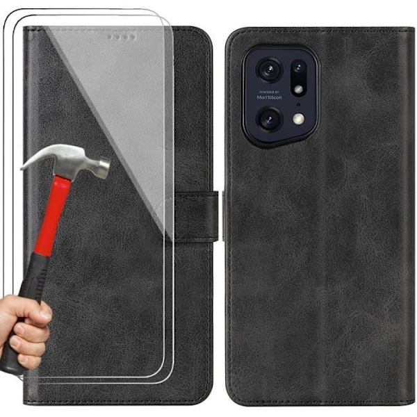 Pakke 2 hærdede briller + etui til OPPO Find X5 Pro sort lædereffekt tegnebog Svart
