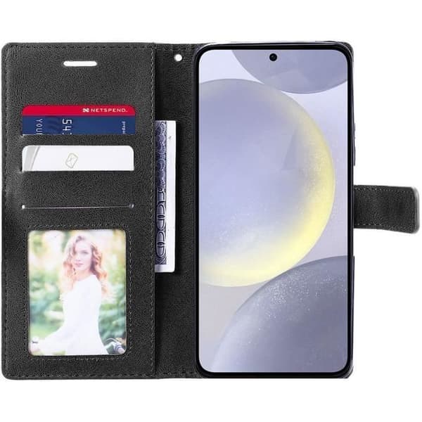 Skydd för Samsung Galaxy S24 Plus - Syntetiskt läder + 2 härdade glas Svart