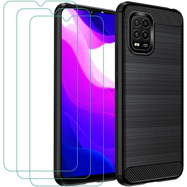 Etui til Xiaomi Mi 10 Lite 5G + 3X skærmbeskytter af hærdet glas, Carbon Fiber Silikone Blød TPU Cover Cover