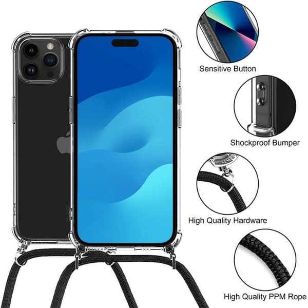 Coque - E.F.CONNECTION - för iPhone 15 Pro Max - Förstärkt - Lätt snöre - Flexibel Transparent, svart