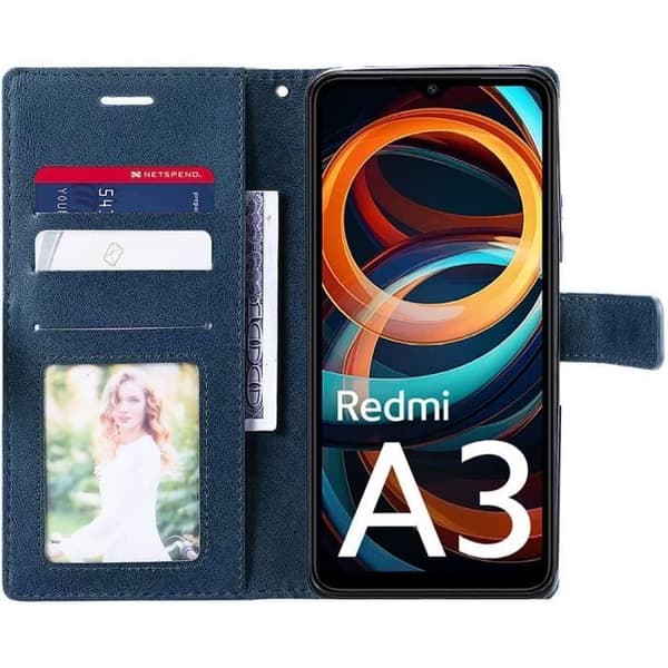 Coque - E.F.CONNECTION - För Xiaomi Redmi A3 - Flexibel - Retro PU-läderfodral - 2 härdade glas marinblå
