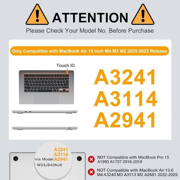Cover til MacBook Air 15 Tommer M4 M3 M2 2025 2024 2023, Ventileret Hård Beskyttelse Stødabsorberende Skridsikker Sort Svart