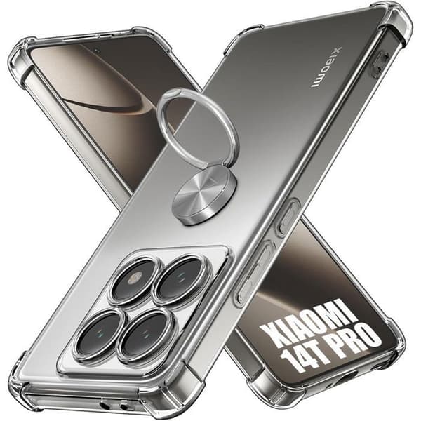 Coque för Xiaomi 14T Pro Stöttålig med Rotabelt Silverring 360 Grader Transparent
