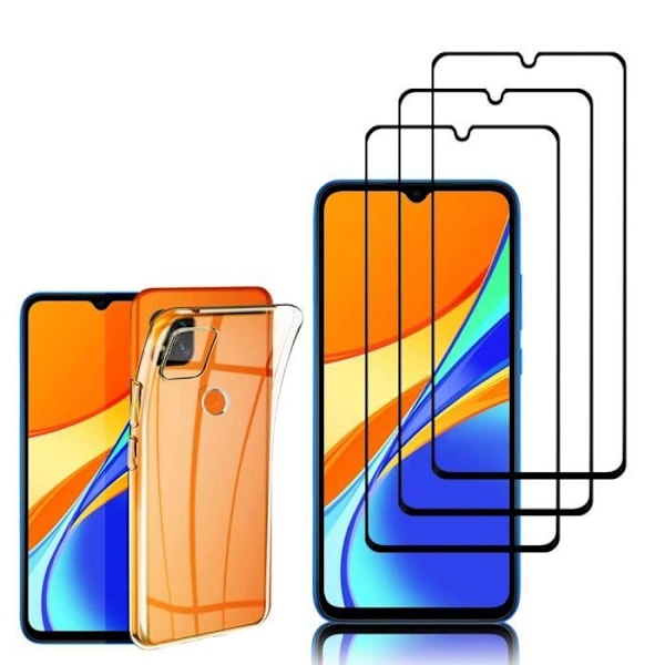 Til Xiaomi Redmi 9C- 9C NFC 6.53": UltraSlim gel silikone etui - TRANSPARENT + 3 farvede hærdet glasfilm - SORT