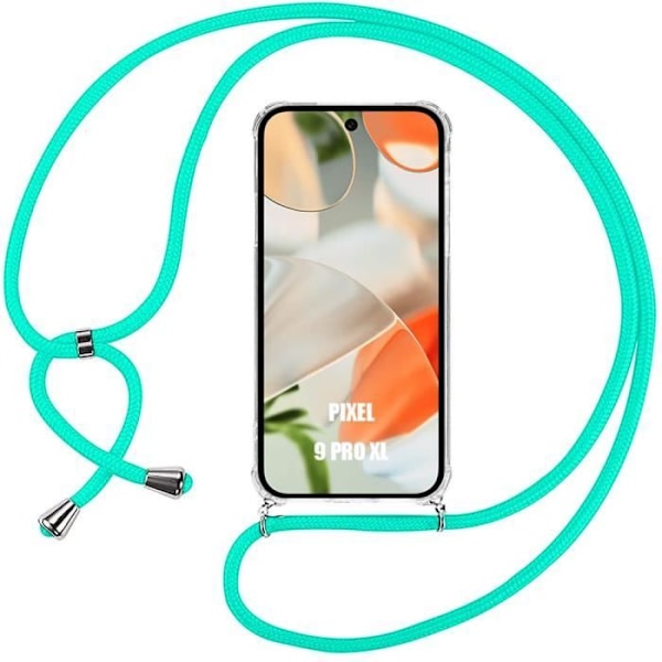 Lanyardfodral till Google Pixel 9 Pro XL - Transparent, stötsäker silikon + turkos linne