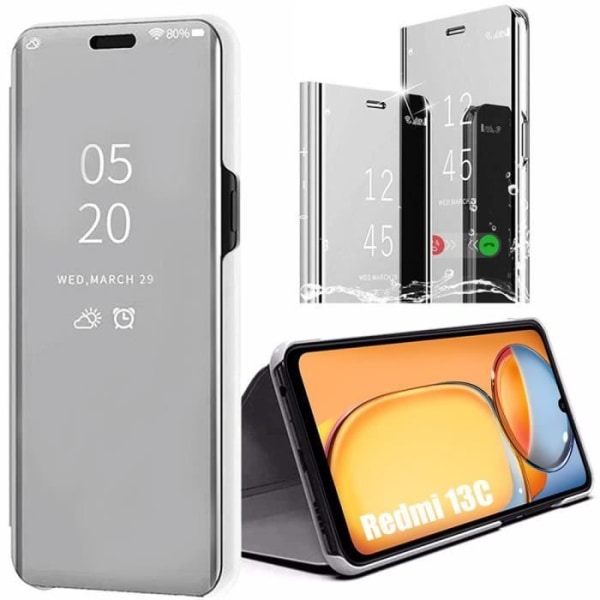 Fodral till Xiaomi Redmi 13C, Mirror Effect Flip Shockproof Protection - Silver