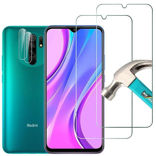 2 skärmhärdat glas och 2 bakre kameraglas för Redmi 9 Transparent