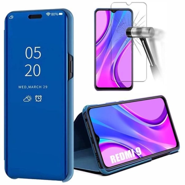 Etui til Redmi 9 (6,53") med hærdet glas spejleffekt Anti-shock Trendy design Forstærket beskyttelse Blå blå