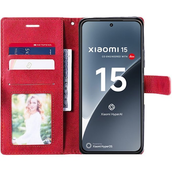 Fodral med 2 härdade glas för Xiaomi 15, anti-scratch skydd 360 grader stötresistent PU läder plånbok - Röd Röd