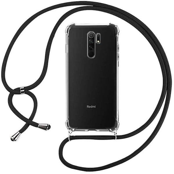 Etui til Redmi 9 (6,53") Gennemsigtig beskyttelse Forstærkede hjørner Anti-ridse Anti-Shock TPU med sort ledningshalskæde Transparent-svart