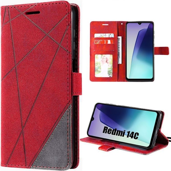 Cover til Xiaomi Redmi 14C, Fuld Stødabsorberende Beskyttelse, Elegant Læder Effekt - Rød Röd