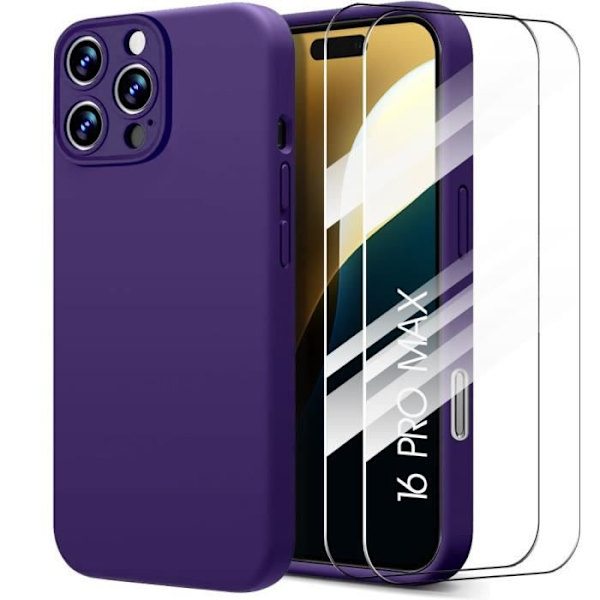 Fodral + 2 härdade glasögon för iPhone 16 Pro Max, flytande silikonskydd Matt effekt mörklila