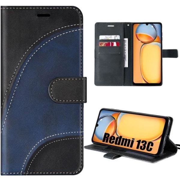 Etui til Xiaomi Redmi 13C, Splejset Wave Style Stødsikkert imiteret læder etui med kortpladser og holder - sort