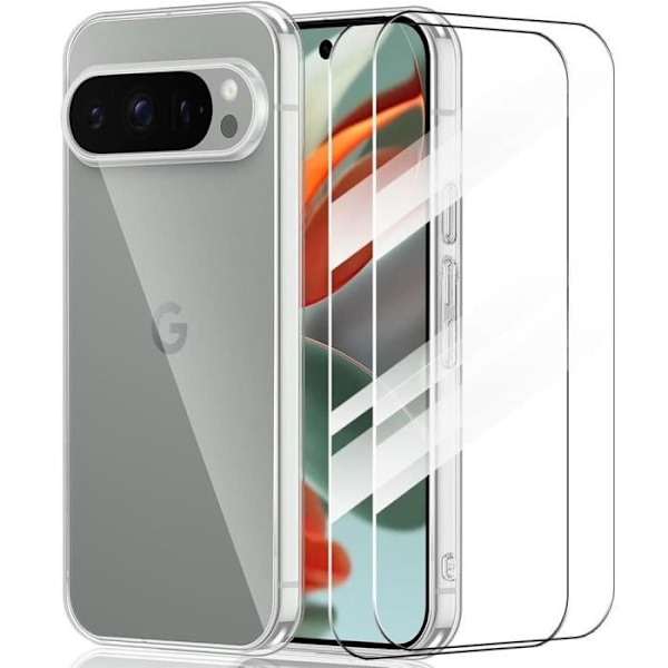 Fodral + 2 härdade glasögon för Google Pixel 9 Pro, mjukt förstärkt skydd Stötsäkert transparent silikon