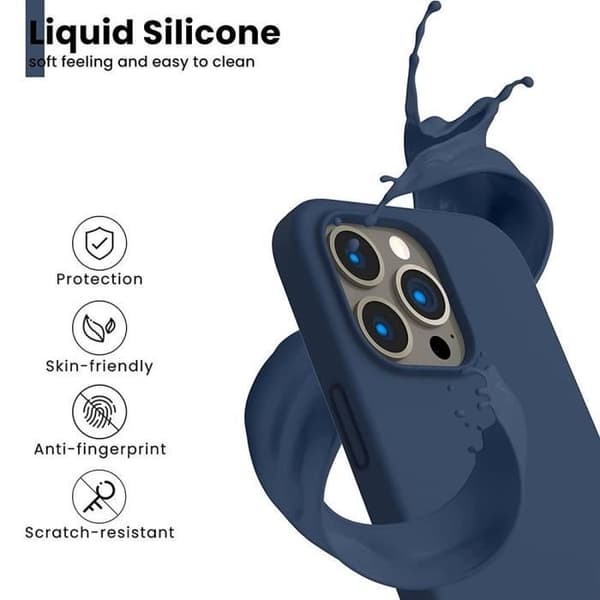 Skyddsfodral för iPhone 15 Pro Max - Flytande silikon - Mörkblå - 2 härdade glas - Skydd för baksidan av objektivet