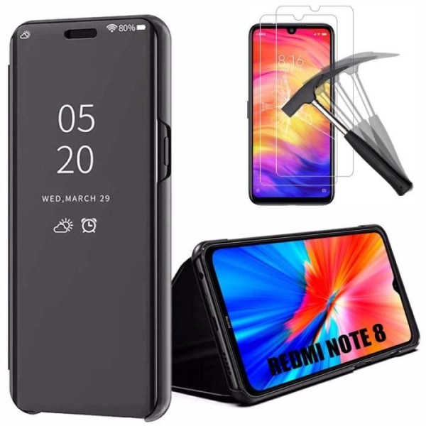 Etui til Redmi Note 8 (6,3") med hærdet glas spejleffekt Anti-shock Trendy design Forstærket beskyttelse Sort svart