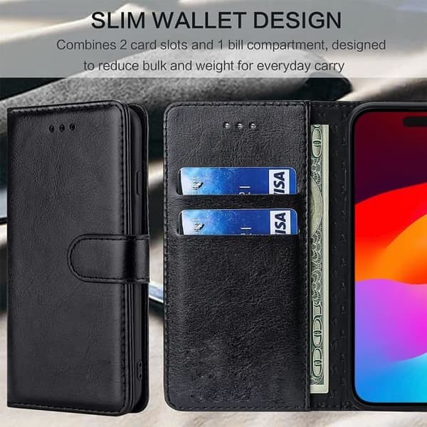 Coque - E.F.CONNECTION - för iPhone 15 - Lädereffekt - 360° skydd - Magnetlås Svart
