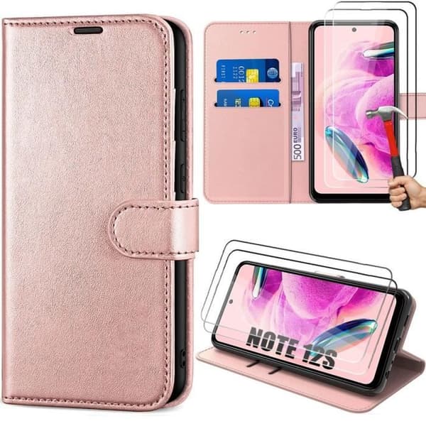 Coque - E.F.CONNECTION - För Xiaomi Redmi Note 12S - Rosa - Stötsäker - Kortficka - 2 Härdat Glas Rosa