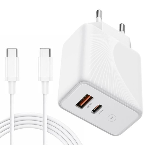 Hurtigoplader 30W - E.F.CONNECTION - PD 20W + QC 3.0 - USB-C 1m kabel - Kompatibel med Samsung A16 A15 A26 A25 A35 A36 A55 A56 Vit