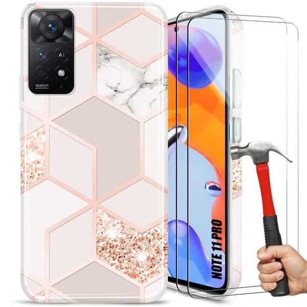 Coque - E.F.CONNECTION - För Xiaomi Redmi Note 11 Pro 4G-5G - Slim Skydd - Härdat Glas - Marmor Design Rosa
