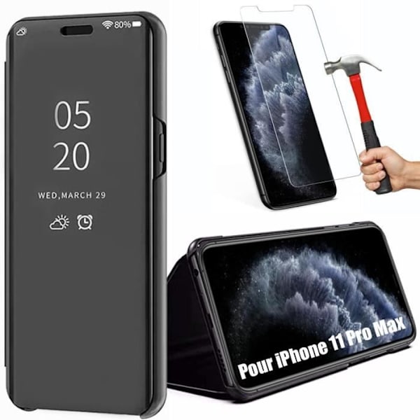 Skyddande Skal för iPhone 11 Pro Max - E.F.CONNECTION - Spegeleffekt - Heltäckande Skydd Svart - Härdat Glas Svart