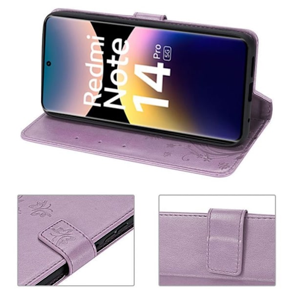 Coque för Xiaomi Redmi Note 14 Pro 5G (inte för 4G) Skrapskydd PU-läder Blommönster Fjäril - Lila Lila