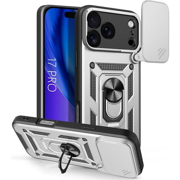 Skyddshölje - Hårt - EF CONNECTION - för iPhone 17 Pro - Stötsäker - Silver - Skydd för fällbar kamera Silver