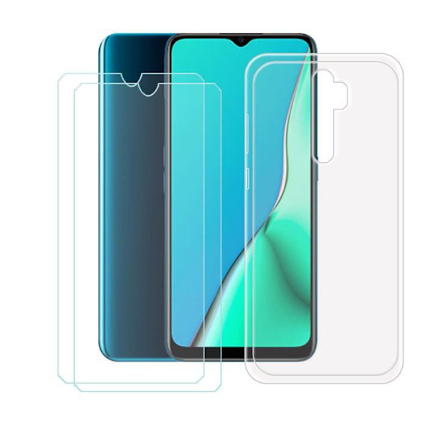 DG Case til OPPO A9 2020 (6,5") + 2 x hærdet glas, HD beskyttelsesfilm - Transparent TPU Silikone Cover Case.