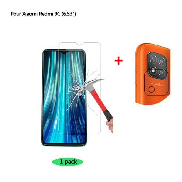 1 paket Xiaomi Redmi 9C härdat glas HD härdat glas med 1 paket bakre kameraskydd