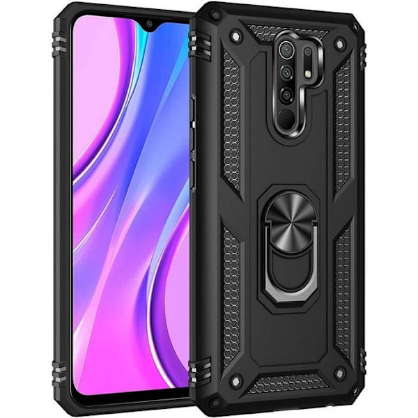 Taske til Redmi 9 (6,53") Ringstøtte Forstærket beskyttelse Forstærket kant Metalplade Sort Svart